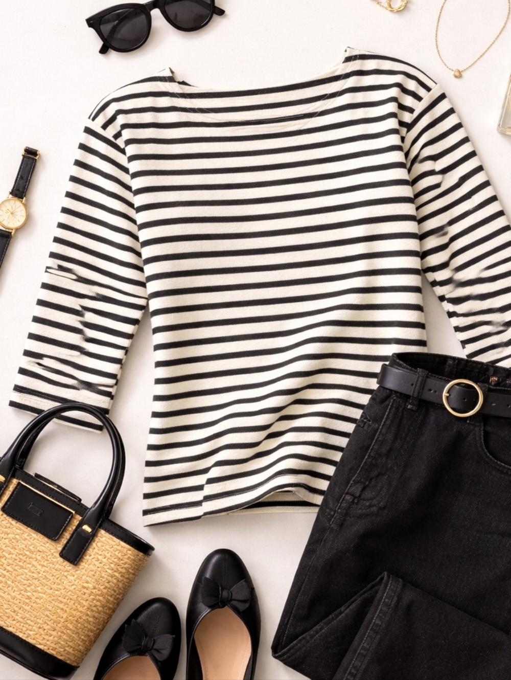 SPANX Cotton Boatneck Top  Black Ivory Stripe Long Sleeve Parisian Capsule - Picture 3 of 5